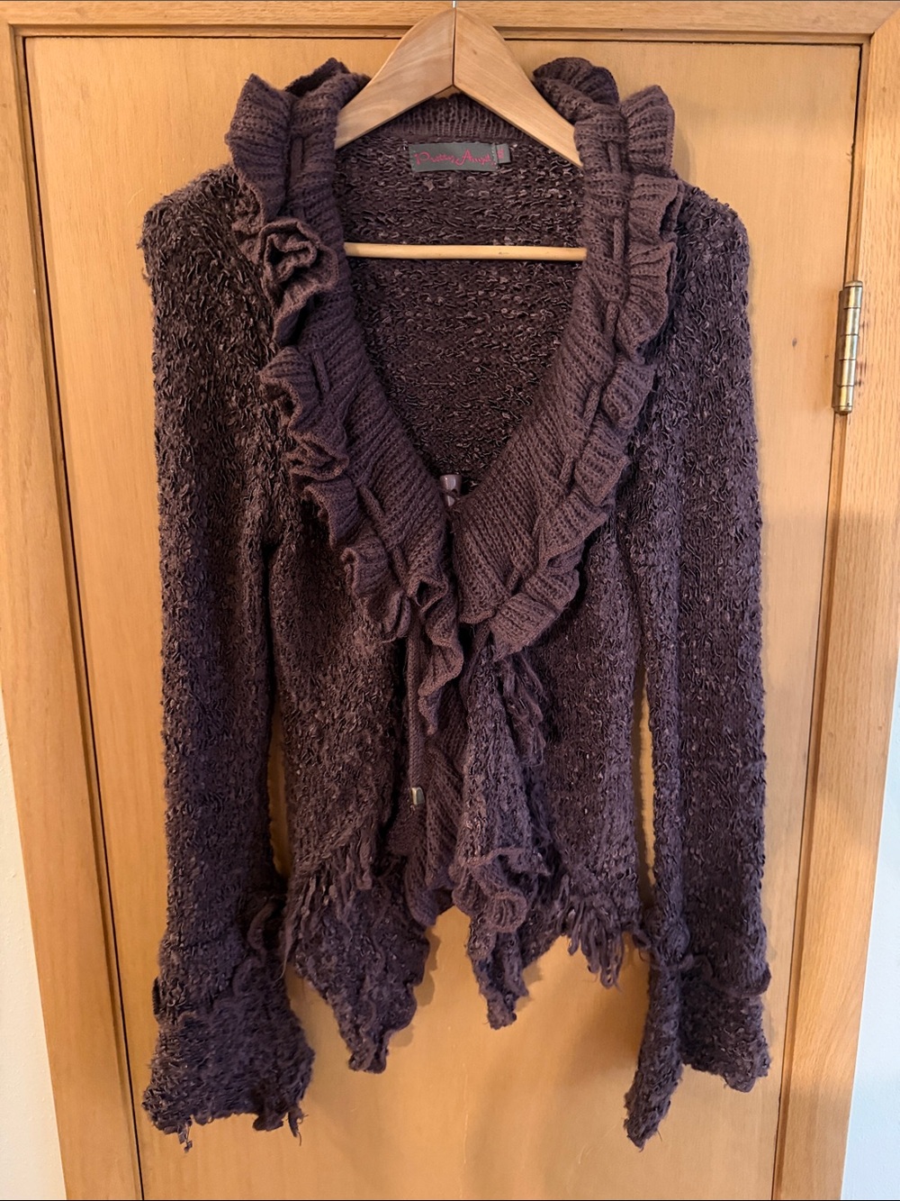 Pretty Angel Women’s Y2K Vintage Ruffle-Edge Knit Cardigan Silk Wool Purple XL